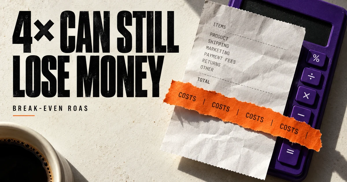 4 times ROAS can still lose money headline with an expense receipt and calculator.