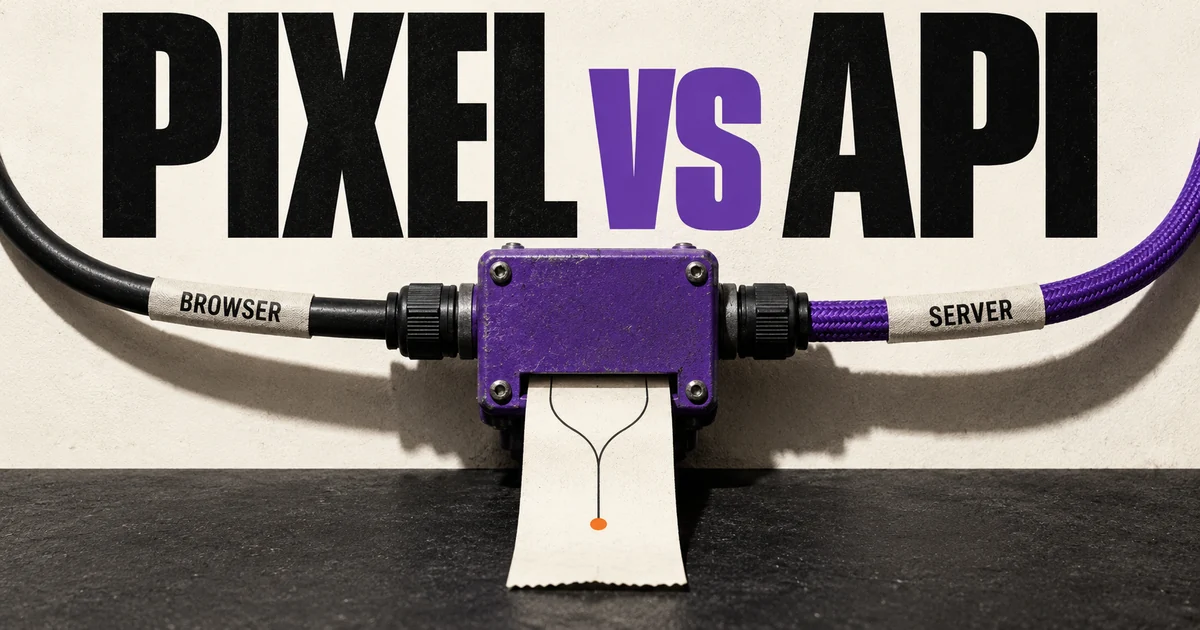 Pixel versus API headline with browser and server cables joining one event box.