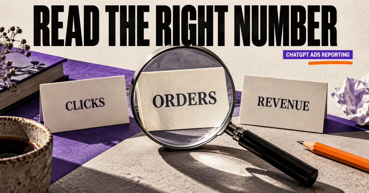 Read the right number headline with clicks, orders and revenue cards, a magnifier focusing on orders.