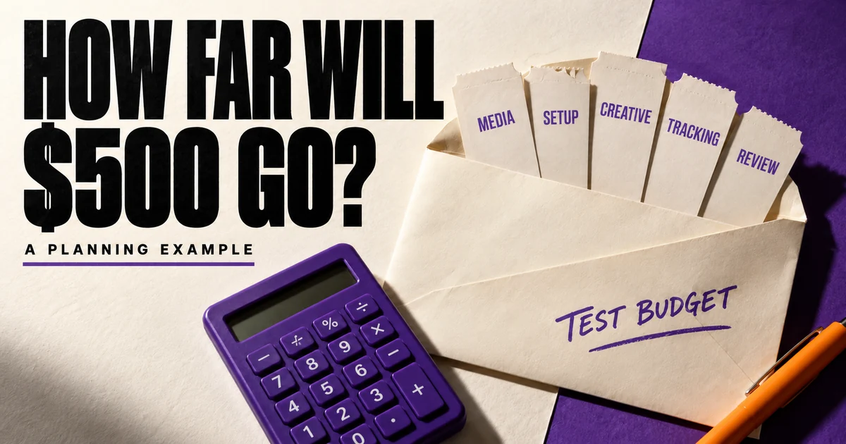 How far will 500 dollars go planning example headline with an advertising budget envelope and calculator.