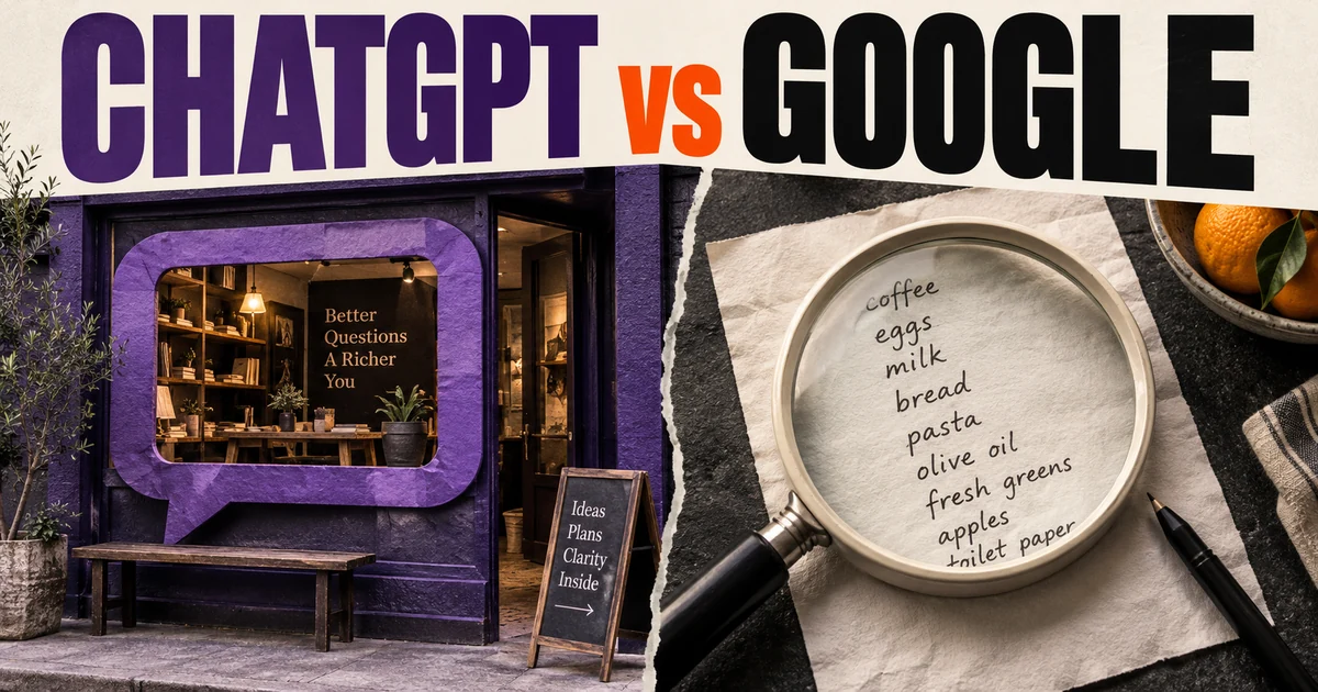 ChatGPT versus Google headline over a conversation-shaped shop window and a magnifying glass on a shopping list.