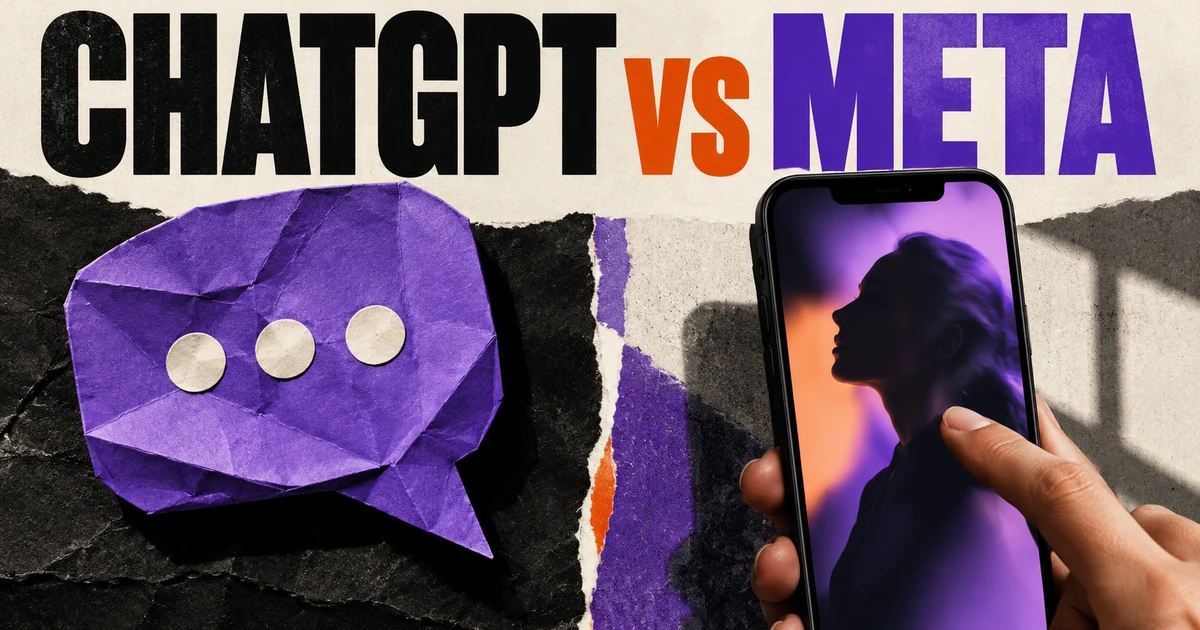 ChatGPT versus Meta headline above a paper conversation bubble and a phone video silhouette.