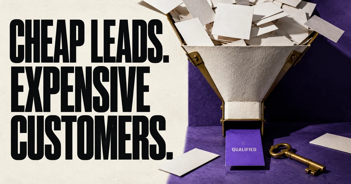 Cheap leads, expensive customers headline with business cards sorted to one qualified lead.