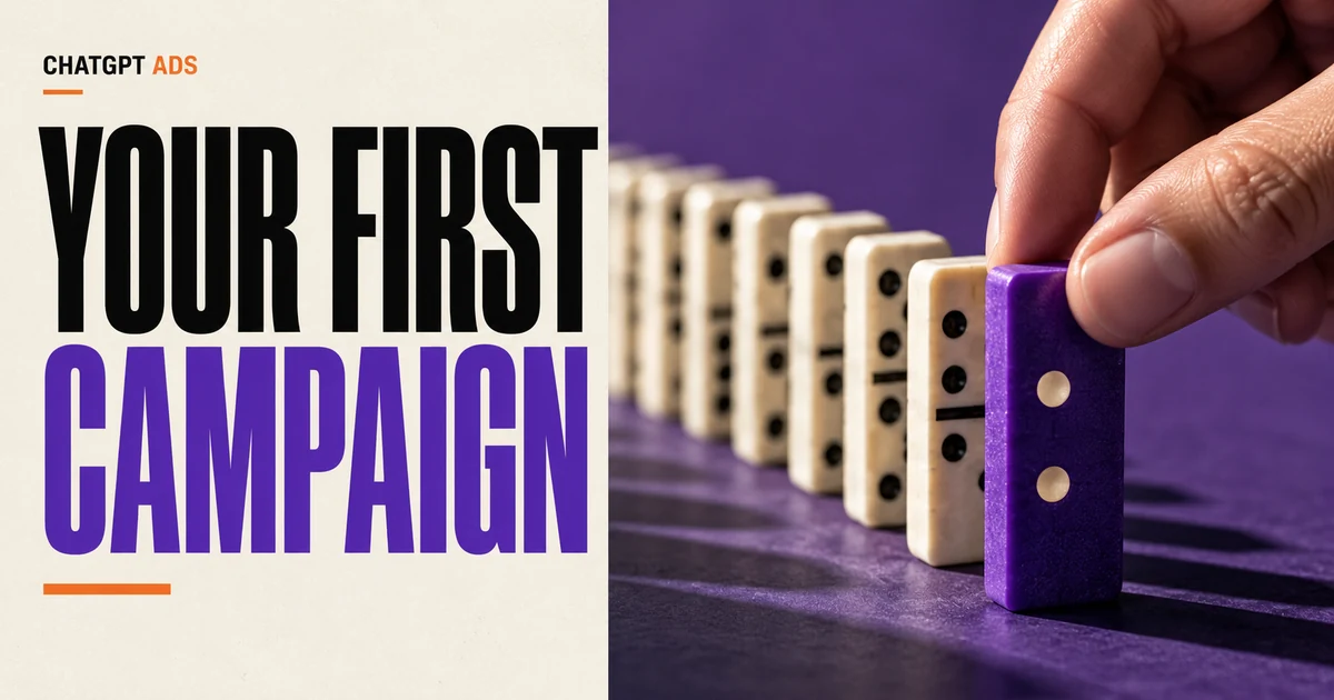 Your first campaign headline beside a hand placing the first purple domino.