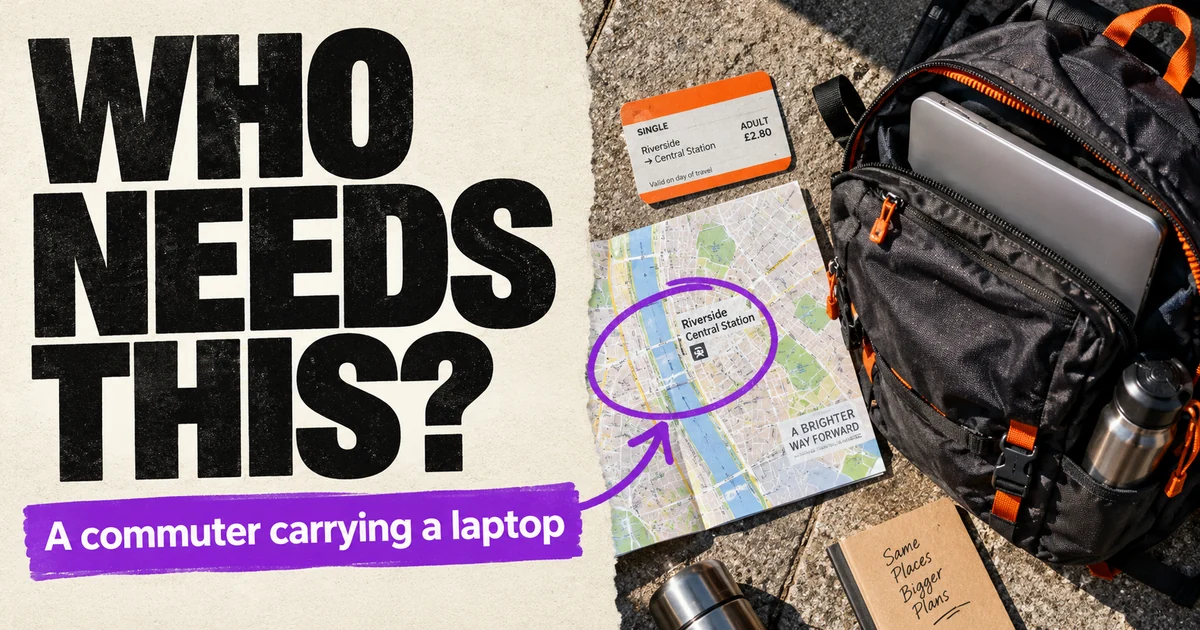 Who needs this headline beside a commuter backpack and map, with a specific customer-situation sentence.