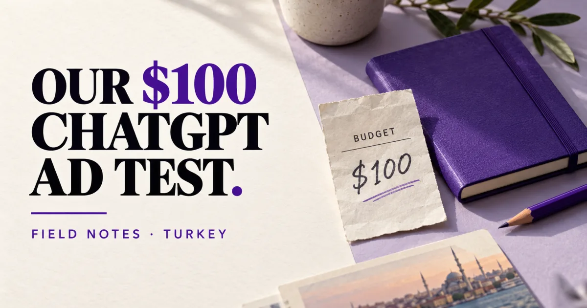 Our $100 ChatGPT ad test heading beside a budget note and violet notebook.